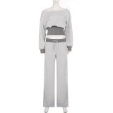 Fall Winter Women's Slash Neck Top Drawstring Pants Casual Two Piece Tracksuit