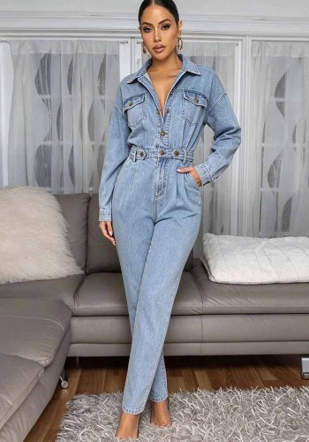 Women's Long Sleeve Slim Fit Wide Leg Denim Jumpsuit