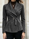 Fall Winter Women's Chic Suede Turn Down Collar Long Sleeve Jacket