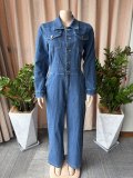 Women's Long Sleeve Slim Fit Wide Leg Denim Jumpsuit