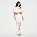 Women's White High Waist Fringe Bandage Bodycon Mini Skirt for Holiday Parties