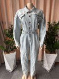 Women's Long Sleeve Slim Fit Wide Leg Denim Jumpsuit