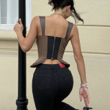 Women's Striped Contrast Leather Trim Underwire Cups Slim Fit Corset Top