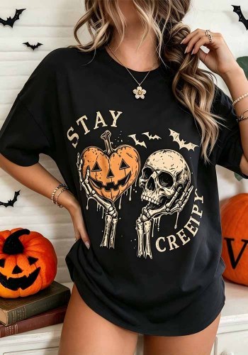 Women's Halloween Skeleton Pumpkin Graphic Short Sleeve Loose Round Neck T Shirt