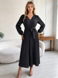 Women's Light Blue Solid Color V Neck Lantern Sleeves Lace Up Detail Pleated High Waist Midi Dress(Processing Time 5-7 days）