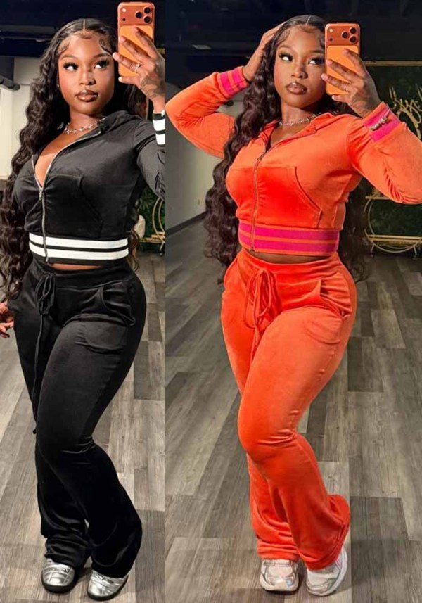 Fall Winter Women's Color Block Velvet Tracksuit Two Piece Set