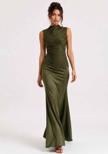 Summer Women's Elegant Two Piece Set with Sleeveless High Neck Fringe Patchwork Top and Skirt
