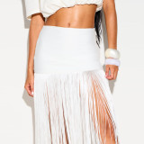 Women's White High Waist Fringe Bandage Bodycon Mini Skirt for Holiday Parties