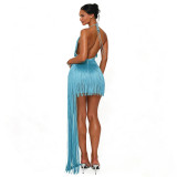 Women Party Tassel Halter Neck Sexy Backless Train Dress