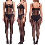 Sexy Strap Striped Black Fishnet Open Crotch Jumpsuit Lingerie