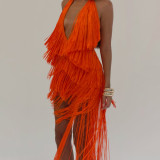 Women Party Tassel Halter Neck Sexy Backless Train Dress
