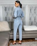 Women's Long Sleeve Slim Fit Wide Leg Denim Jumpsuit