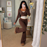 Women's Contrast Polka Dot Three Piece Tracksuit with Strapless Top Long Sleeve Top and Flared Pants