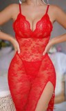 Women's Sexy Low Back Black Strappy See Through Lace Maxi Nightdress