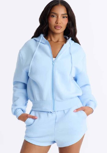 Fall Winter Women's Zip Up Hoodie and Shorts Two Piece Set