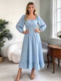 Women's Square Neck Long Sleeve Slim Waist and Ruffle Smocked Midi Dress(Processing Time 5-7 days）