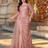 Plus Size Women's Pink Mesh Embroidery Beaded Long Sleeve Slit Maxi Evening Dress