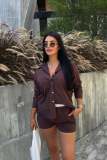 Women's Casual Front Button Turndown Collar Striped Long Sleeve Top and Drawstring Short Two Piece Set