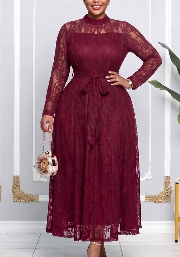 Plus Size African Women's Stand Collar Long Sleeve Lace-Up Maxi Dress