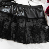 Women's Pu Leather Tie Sexy See-Through Mesh Patchwork Lingerie Three-Piece Set