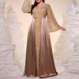 Plus Size Women's Khaki V Neck Long Sleeve Beaded Lace Formal Party Evening Dress