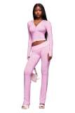 Women's Casual Striped Print Zipper Hooded Top and Pant Two Piece Set