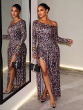 Women's Spring Sexy Irregular Neck Slit Printed Long Sleeve Dress