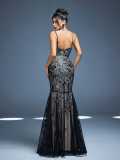Women's Black Lace Cami Mermaid See-Through Mesh Strapless Formal Party Maxi Evening Dress