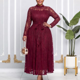 Plus Size African Women's Stand Collar Long Sleeve Lace-Up Maxi Dress