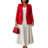 Plus Size Women's Blazer And Polka Dot Skirt Two Piece Set