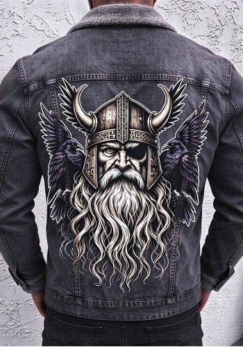 Plus Size Women's Fleece Lined Printed Washed Sherpa Turndown Collar Denim Jacket