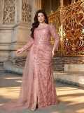 Plus Size Women's Pink Mesh Embroidery Beaded Long Sleeve Slit Maxi Evening Dress