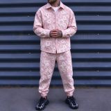 Men's Casual Embroidered Floral Turndown Collar Jacket and Long Pant Two Piece Set