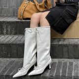 Women's Autumn Winter Pointed Toe Stiletto Rivet Pu-Leather Lace-Up Tall Boots