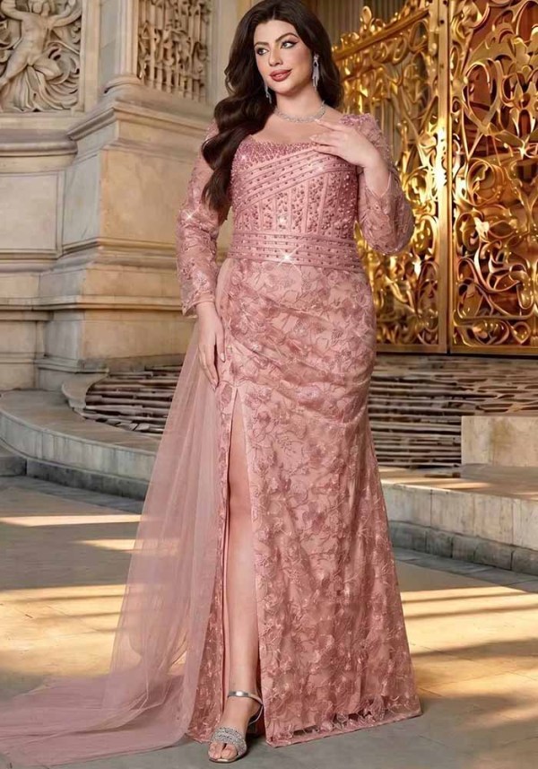 Plus Size Women's Pink Mesh Embroidery Beaded Long Sleeve Slit Maxi Evening Dress