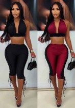 Women's Halter Neck Strapless Ruched Top and Capri Pant Two Piece Set Women's Halter Neck Strapless Ruched Top and Capri Pant Two Piece Set