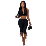 Women's Halter Neck Strapless Ruched Top and Capri Pant Two Piece Set