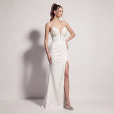 Women's Satin Floral Appliqué Boned Formal Party Evening Dress