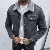 Plus Size Women's Fleece Lined Printed Washed Sherpa Turndown Collar Denim Jacket