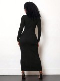 Women's Lace-Up Cutout Round Neck Long Sleeve Ribbed Slit Sexy Dress
