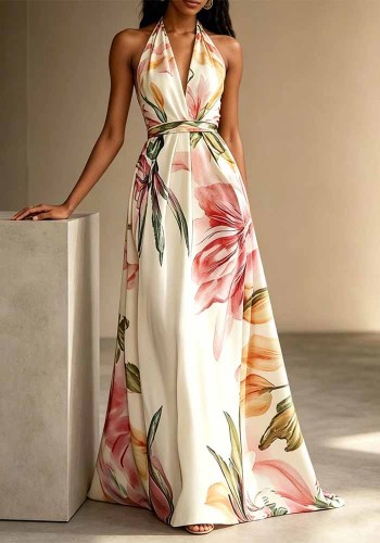 Women's Summer Printed Halter Neck Backless Holidays Elegant Tie Dress