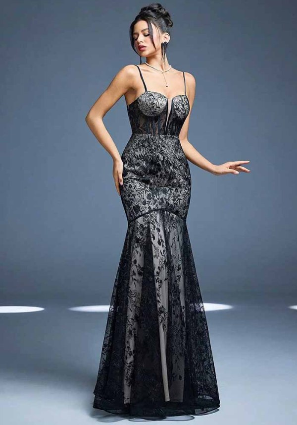 Women's Black Lace Cami Mermaid See-Through Mesh Strapless Formal Party Maxi Evening Dress