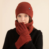 Winter Fleece Lined Solid Rib Warm Knit Hat Scarf Glove Three-Piece Set