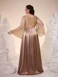 Plus Size Women's Khaki V Neck Long Sleeve Beaded Lace Formal Party Evening Dress