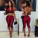 Women's Halter Neck Strapless Ruched Top and Capri Pant Two Piece Set