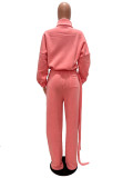 Women's Casual Autumn Winter Irregular Lace-Up Fleece Lined Top and Pant Two Piece Set