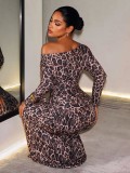 Women's Spring Sexy Irregular Neck Slit Printed Long Sleeve Dress