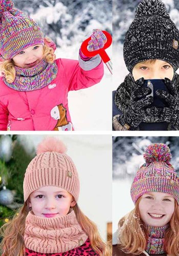 Kids Winter Knit Pom Pom Hat Scarf Glove Three-Piece Set