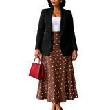 Plus Size Women's Blazer And Polka Dot Skirt Two Piece Set