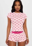 Women's Valentine's Day Heart Print Color Block Short Sleeve Top and Short Casual Two Piece Set